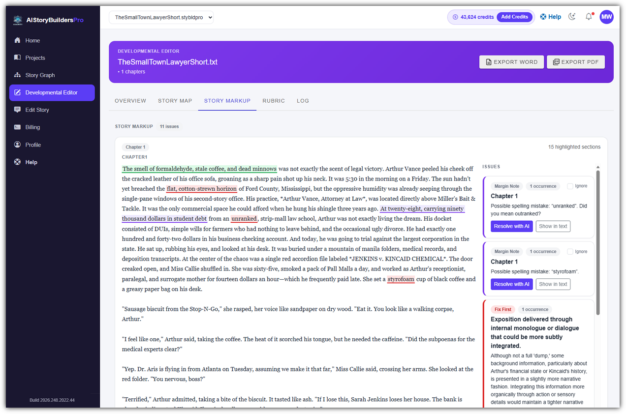 The AIStoryBuildersPro developmental edit report.